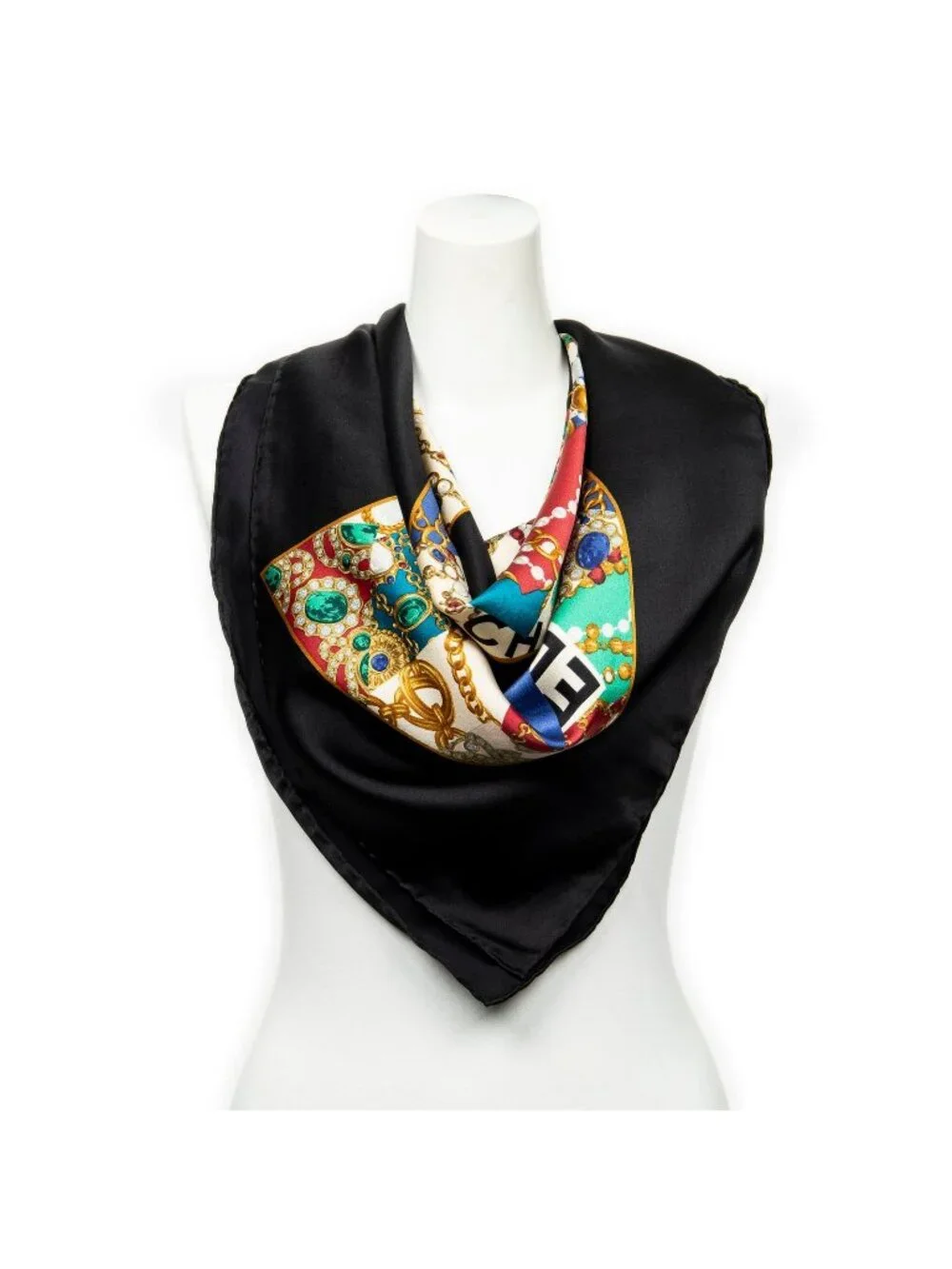 Chanel Scarf Black Green Red Silk